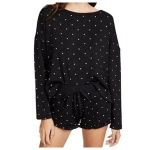 NWT Plush x Revolve Black Pink Hearts Pajama Sleepwear Set Size Medium M Fleece
